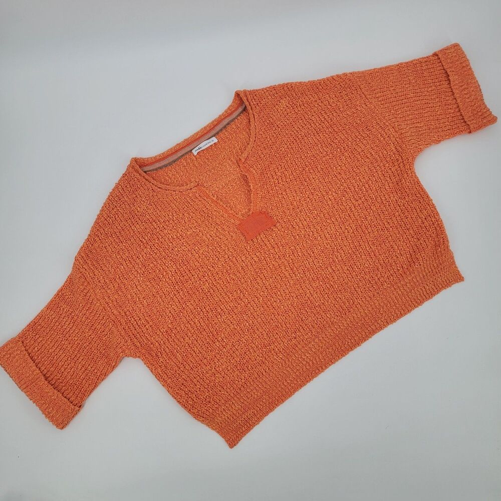 Makk Fashions Womens S Orange Short Sleeve V-Neck Oversized Beach Resort Sweater